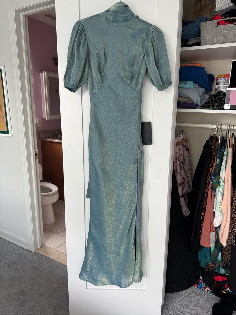 Lulu's Iridescent Seafoam Green Maxi Dress with Puff Sleeves